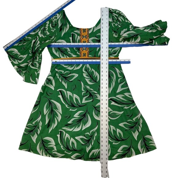 Anthropologie Vanessa Virginia Musa Dress 8 Green Tropical Mini Flare Sleeve - Picture 3 of 12